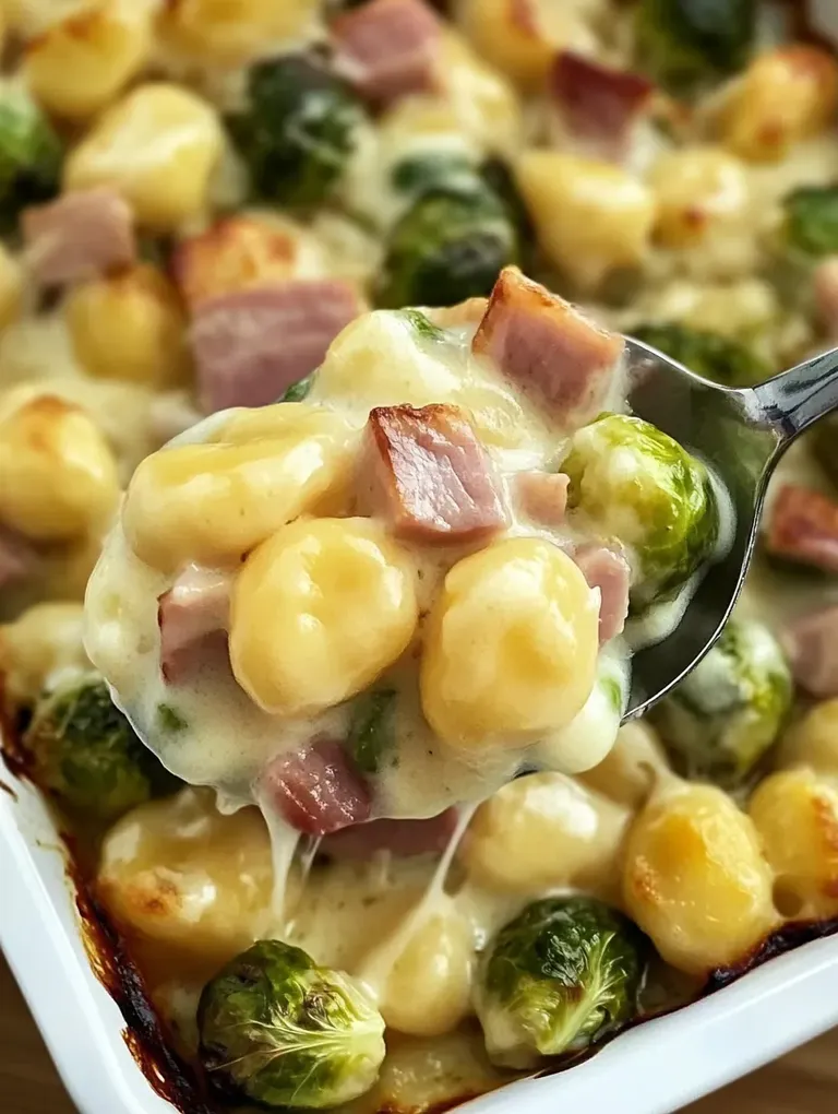 Herzhafter Gnocchi-Auflauf mit Rosenkohl und Schinken