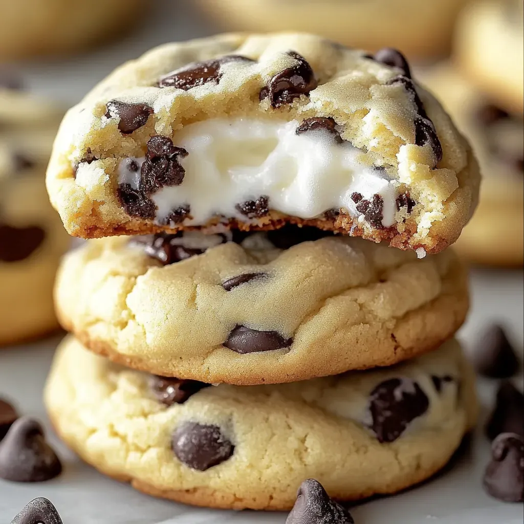 Chocolate chip cookies stacked on top of each other.