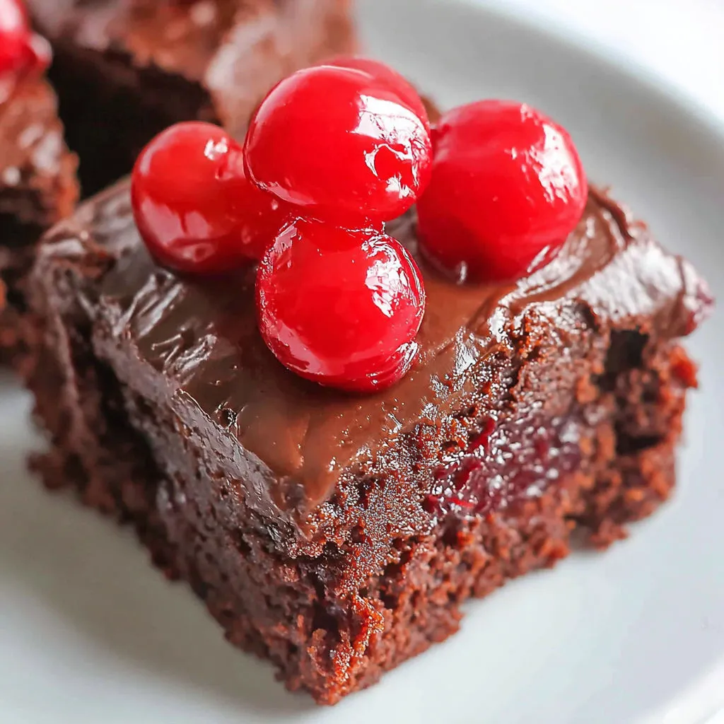 A chocolate dessert with cherries on top.