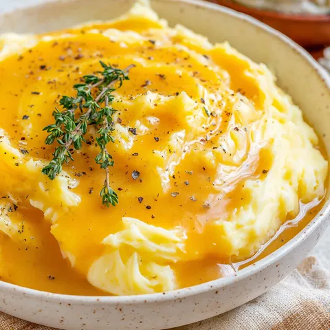 A bowl of mashed potatoes with a sprig of parsley on top.