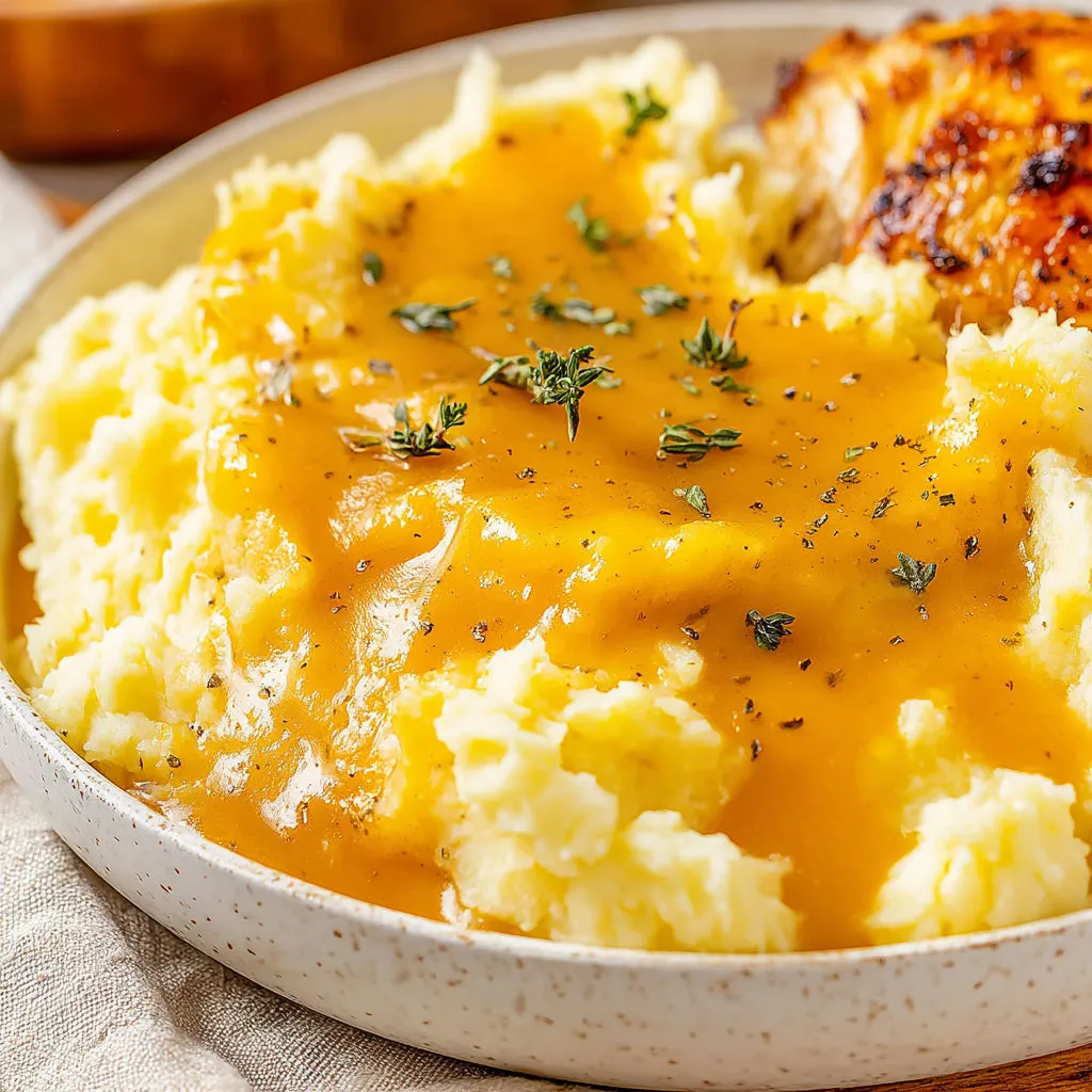 A plate of mashed potatoes with gravy.