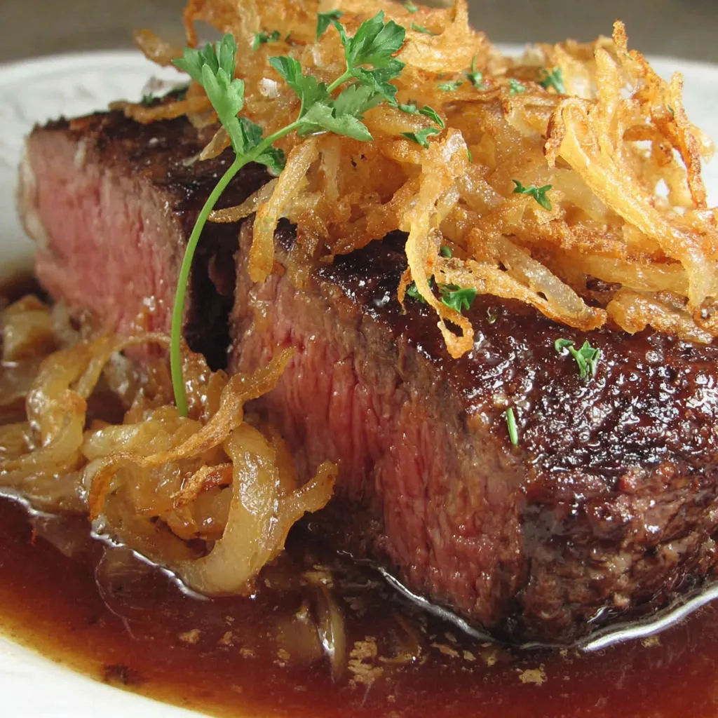 A piece of meat with onions on top.