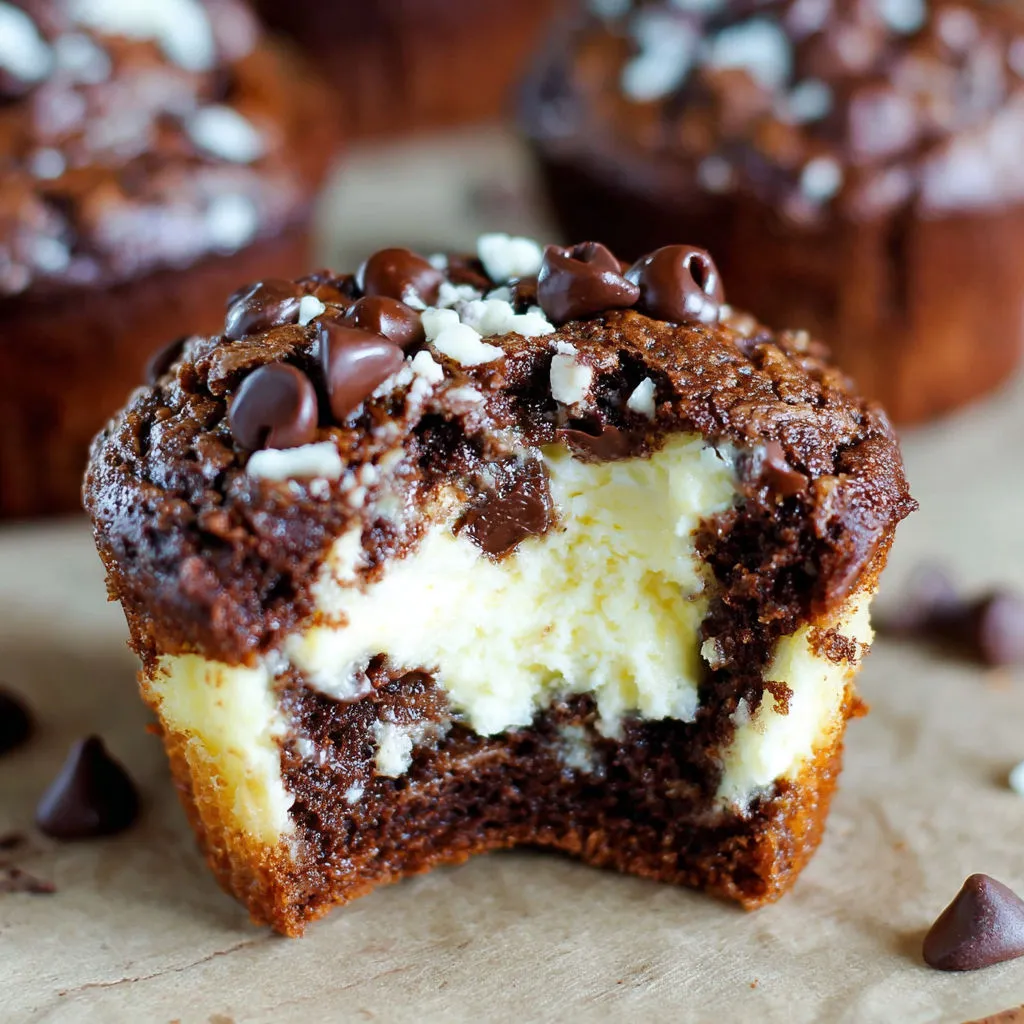 A close up of a chocolate chip muffin with white frosting.