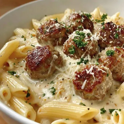 A bowl of creamy meatballs with pasta.