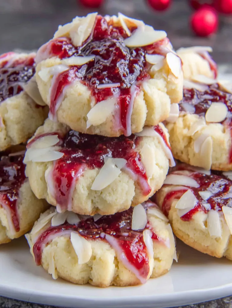 A stack of cookies with raspberry jam on top.