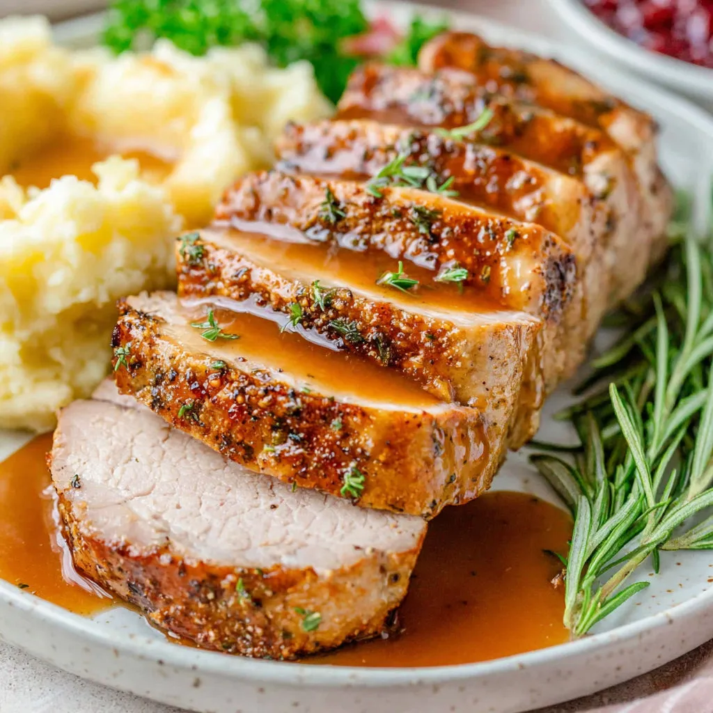 A plate of food with a pork loin roast and potatoes.
