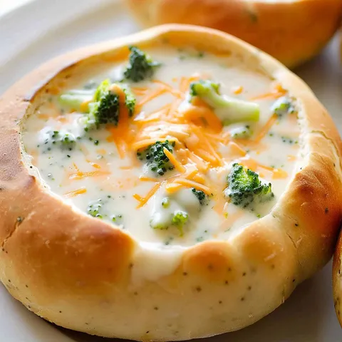 A baked broccoli cheddar soup in a bowl.