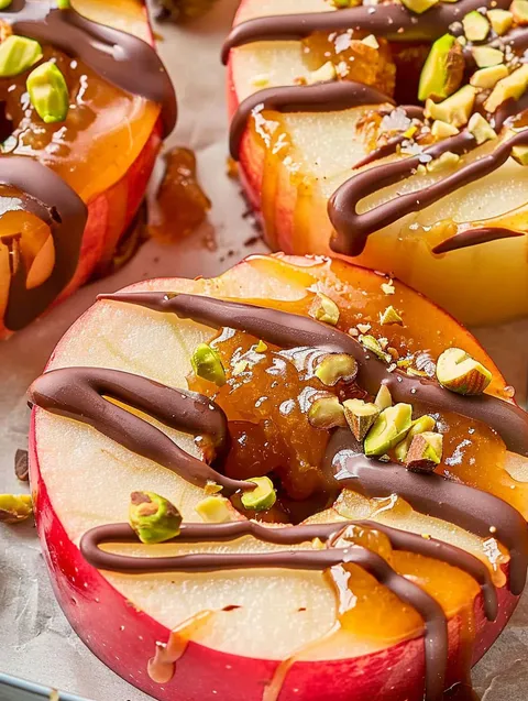 Caramel apple slices with chocolate drizzle.