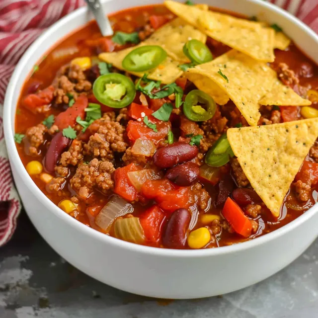 A bowl of chili with a spoon in it.