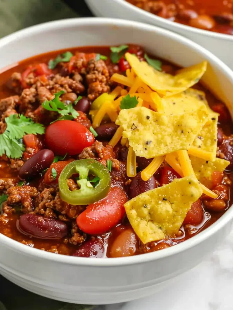 A bowl of chili with cheese and chips on top.