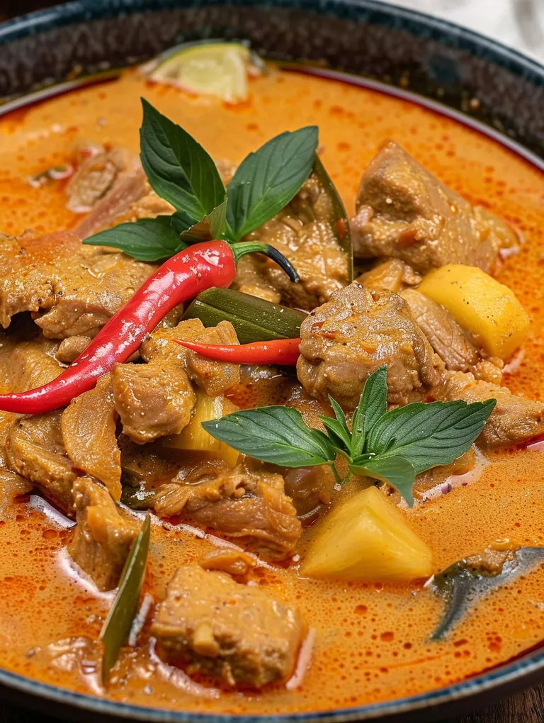 A bowl of red curry with meat and coconut milk.