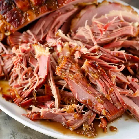 Pulled ham on a plate.