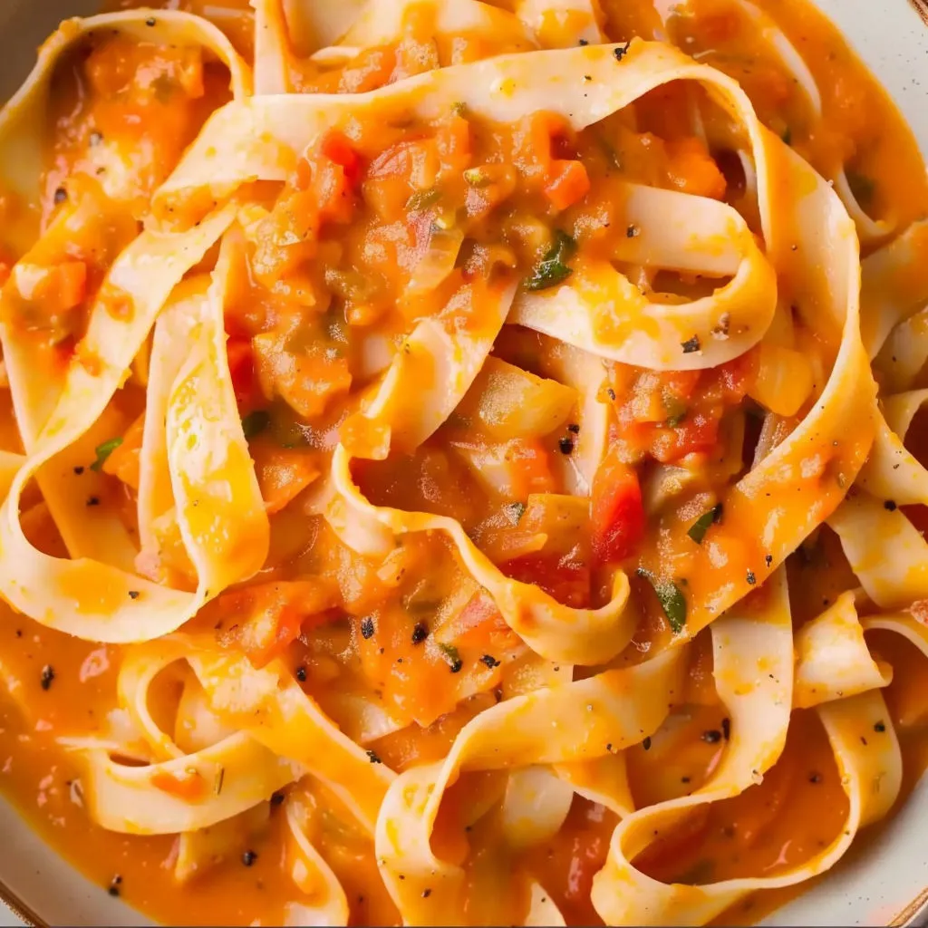 A bowl of pasta with a red sauce.