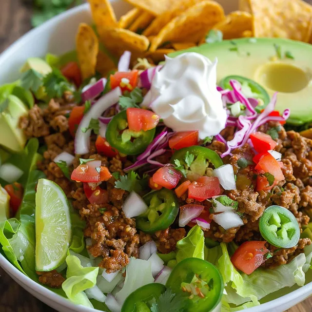 A bowl of taco salad with lettuce, tomatoes, and avocado.