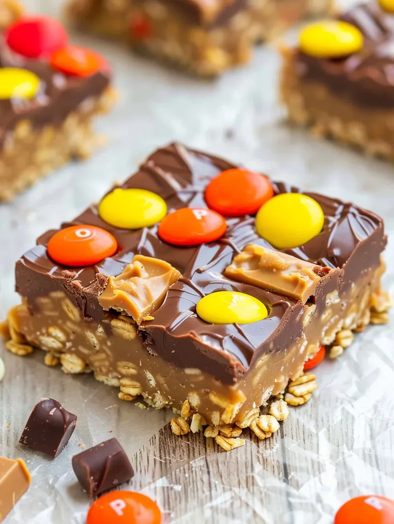 A close up of a chocolate peanut butter candy bar.