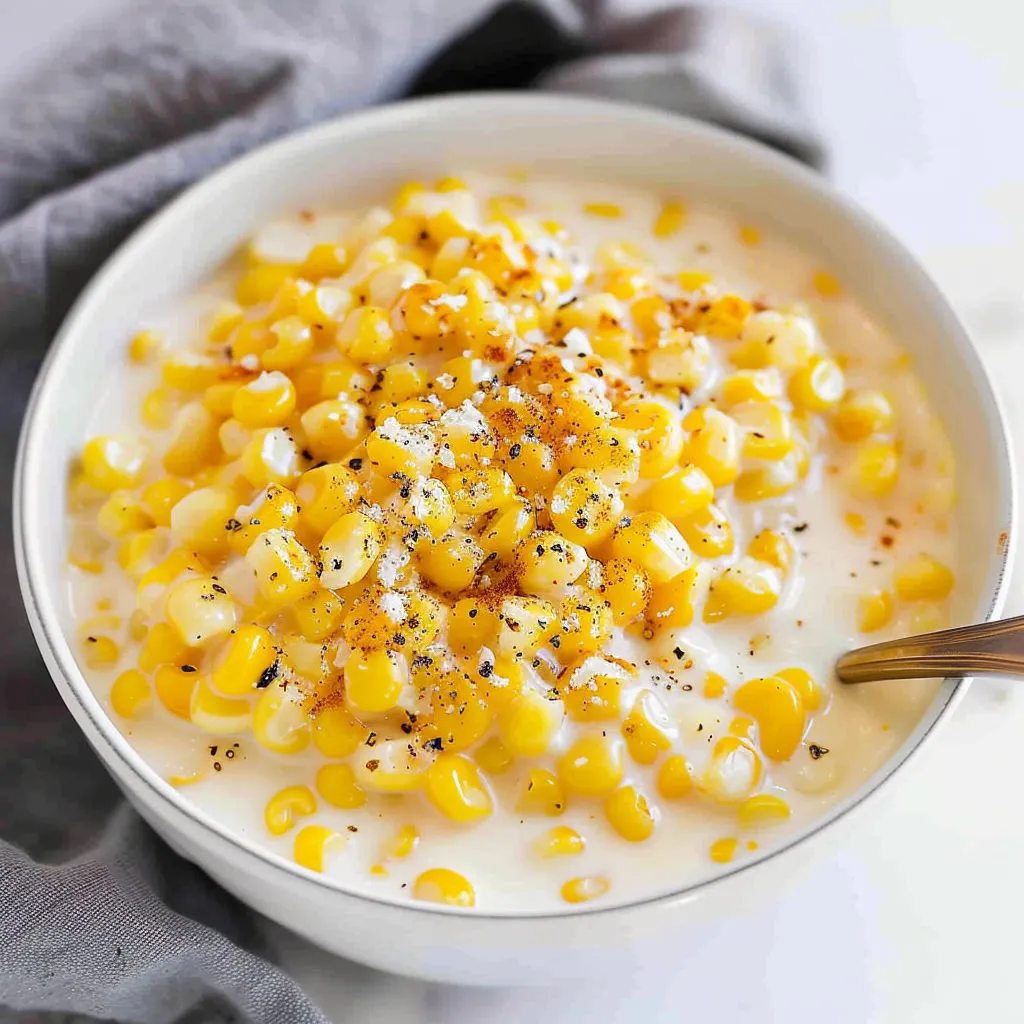 A bowl of creamed corn with corn and seasoning.