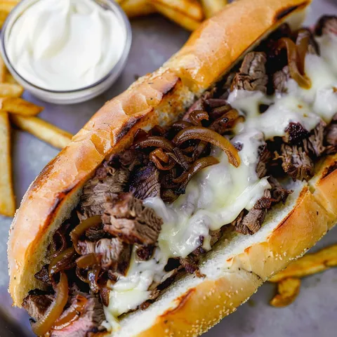 A Philly Cheesesteak sandwich with onions and cheese.