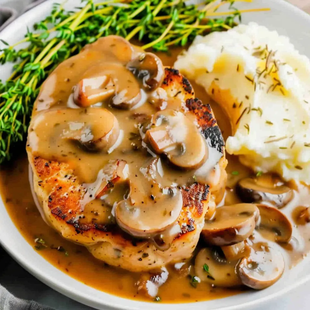 A plate of food with mushrooms and gravy.