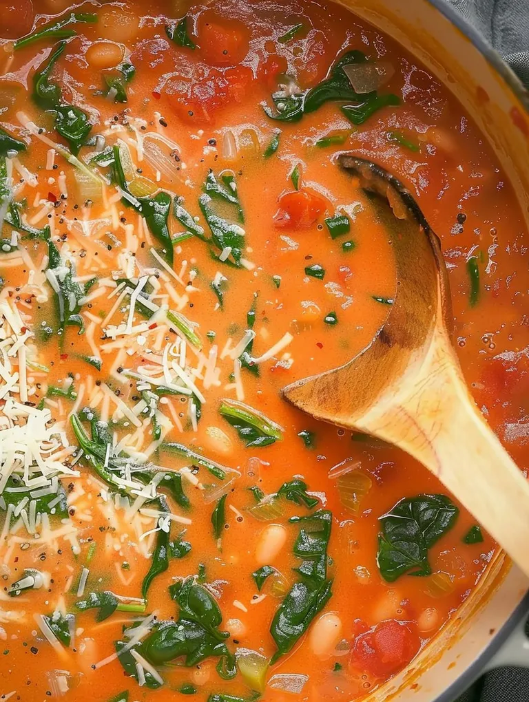 A wooden spoon in a bowl of soup.