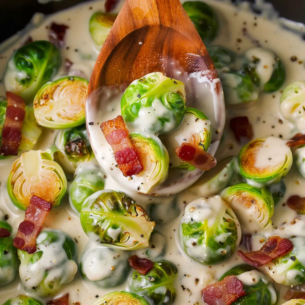 A wooden spoon is in a bowl of Brussels sprouts in Alfredo sauce.