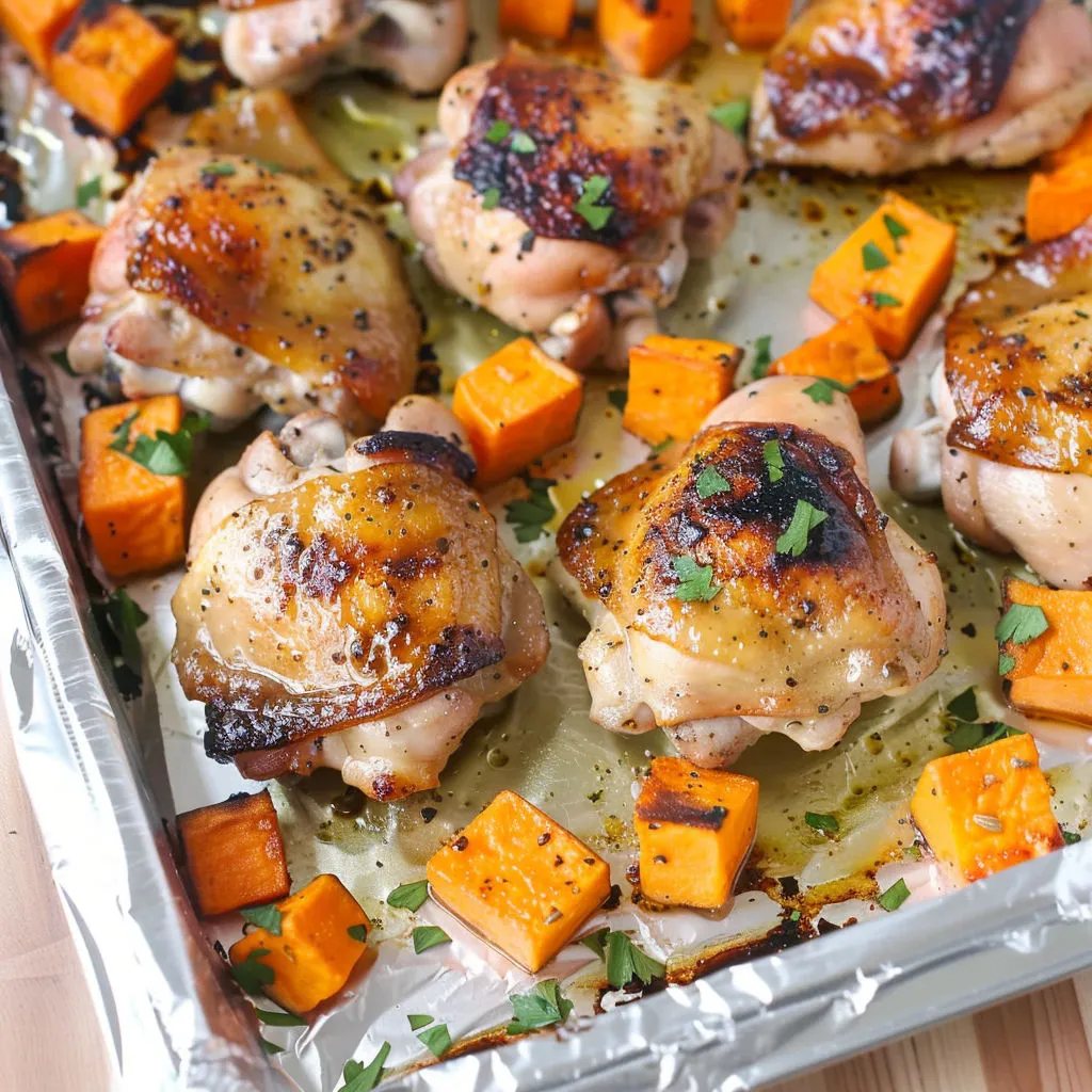 A pan of chicken thighs and sweet potatoes.