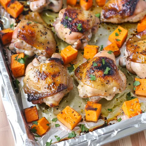 A pan of chicken thighs and sweet potatoes.