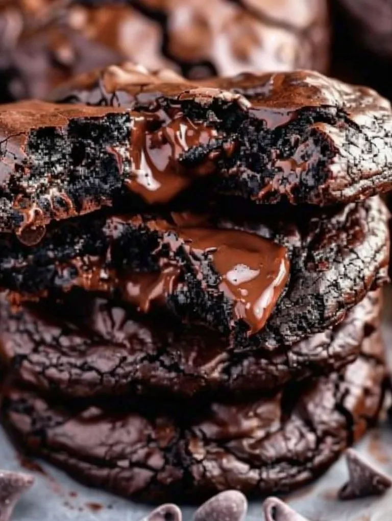 A close up of a chocolate cookie with chocolate drizzled on top.