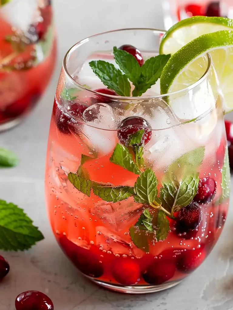 A glass of cranberry mojito with a slice of lime.