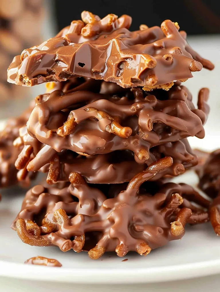 A stack of chocolate covered haystack cookies.