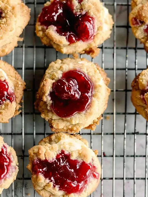 Cherry cheesecake cookies on a cooling rack.
