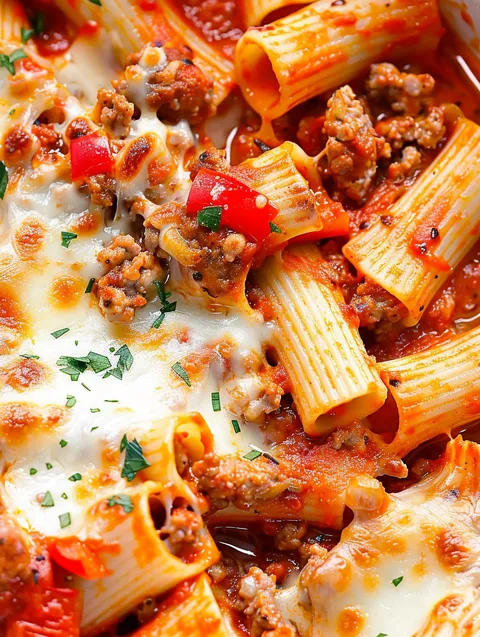 A delicious pasta bake with sausage and peppers.