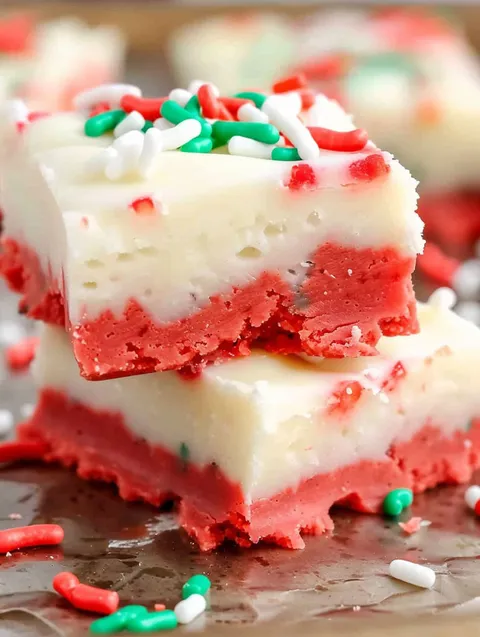 A piece of red and white cake with white frosting.