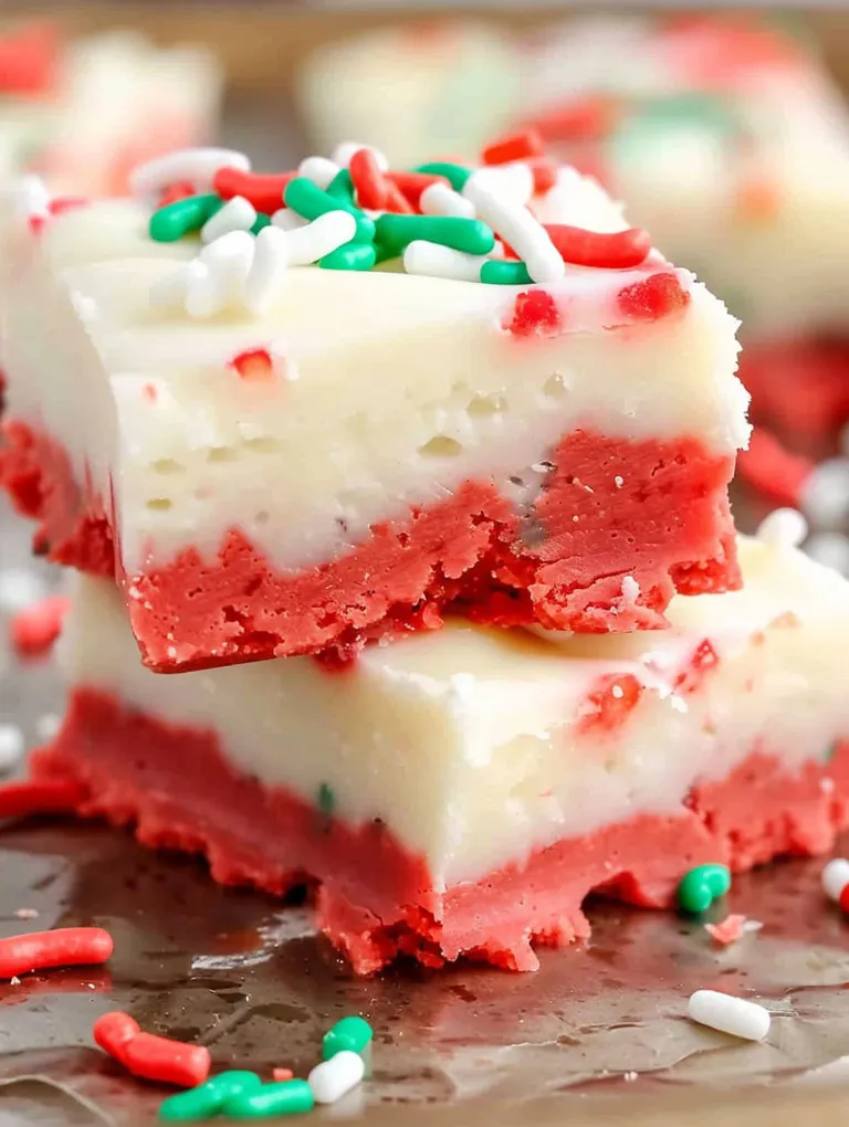 A piece of red and white cake with white frosting.