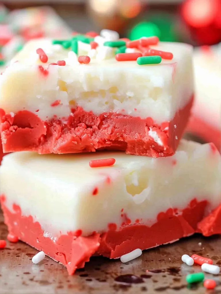 A piece of red and white fudge with white sprinkles.
