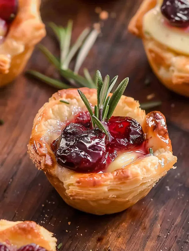 A small pastry with a cranberry filling and a sprig of rosemary on top.
