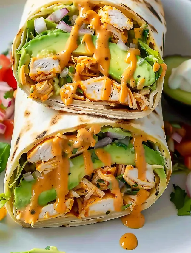 A cheesy chicken avocado wrap is shown with a close up of the ingredients.