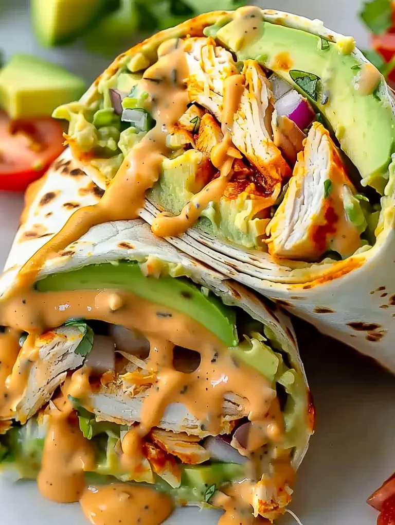 A burrito with chicken and avocado.