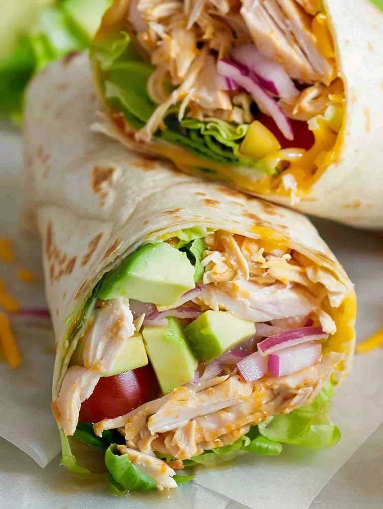 A BBQ chicken wrap with lettuce, tomatoes, and onions.
