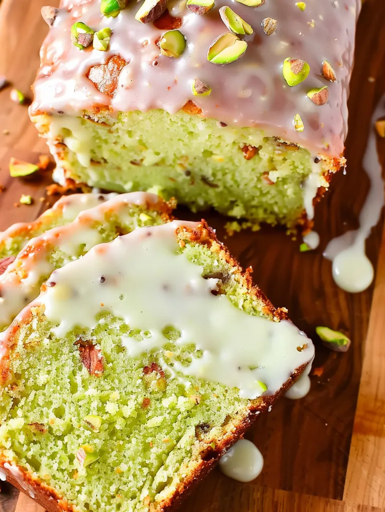 A slice of pistachio bread on a wooden table.