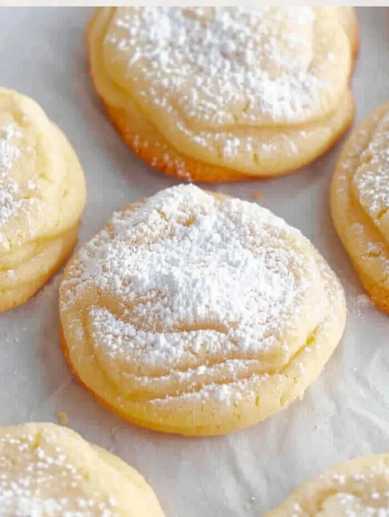 A plate of cream cheese cookies with powdered sugar on top.
