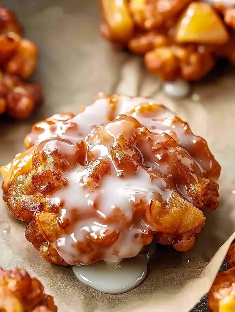 A delicious homemade apple fritter with a drizzle of caramel sauce.