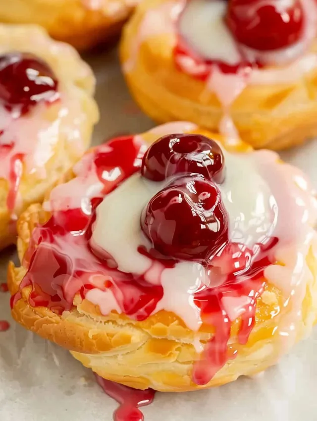 A pastry with cherries and whipped cream.
