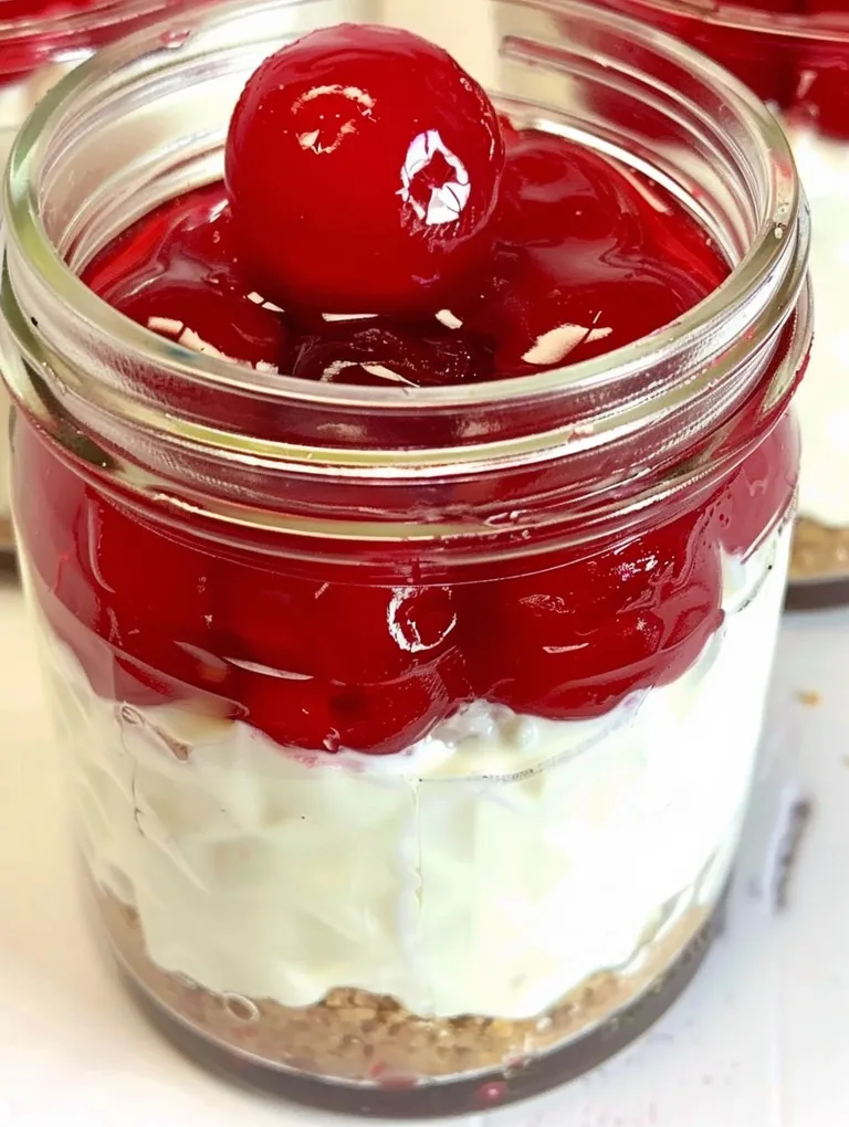 A jar of cherry cheesecake with a cherry on top.
