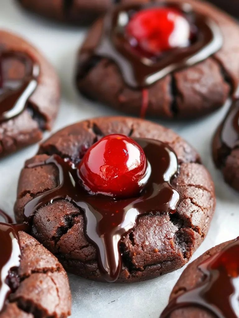 Chocolate cookies with chocolate drizzle and cherries.