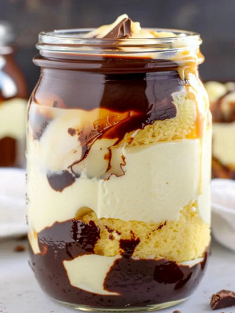 A mason jar filled with a dessert that includes chocolate and cream.