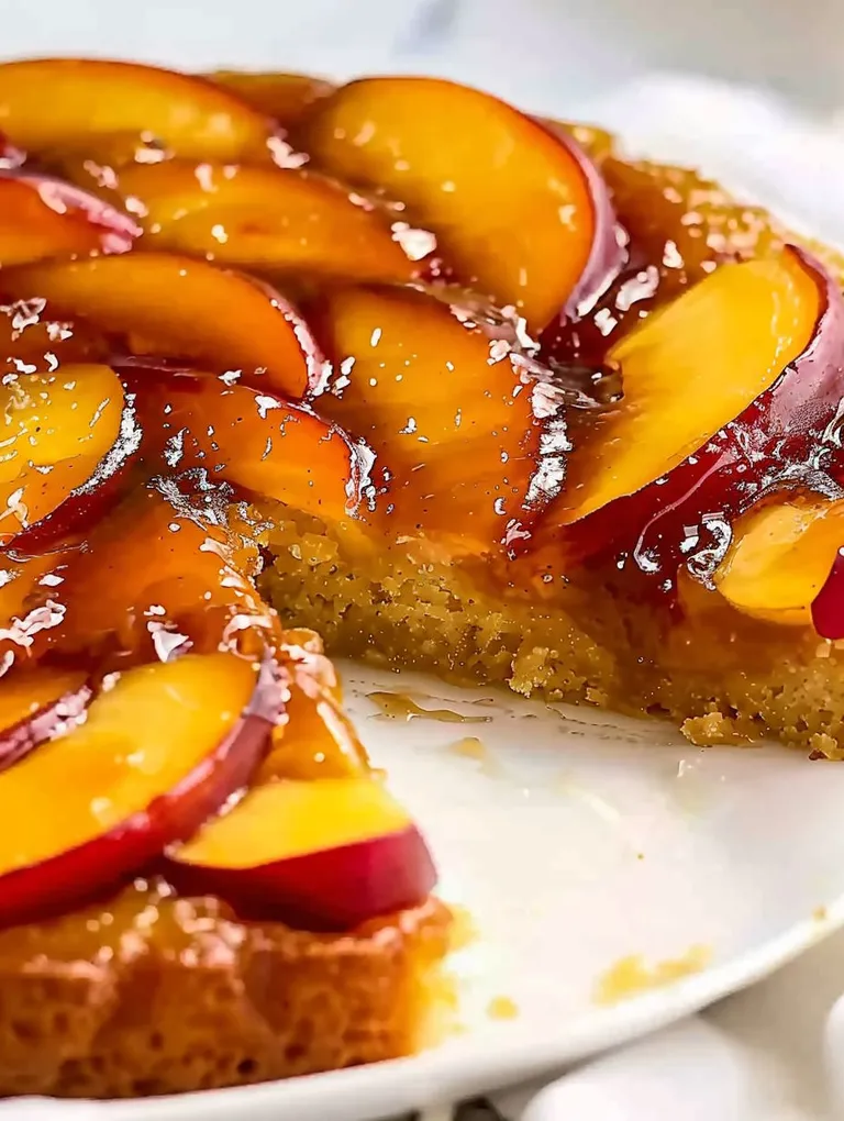 A slice of a bourbon peach upside down cake.