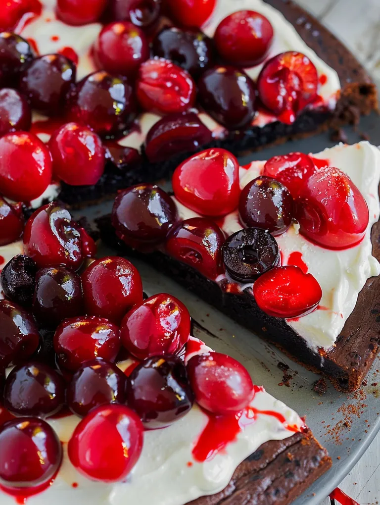 A slice of chocolate cherry brownie dessert pizza.