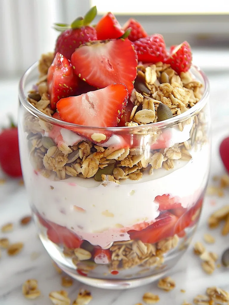 A glass of strawberry cheesecake breakfast parfait.