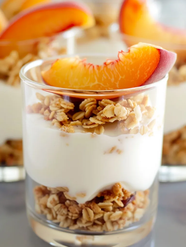A glass of granola and yogurt.