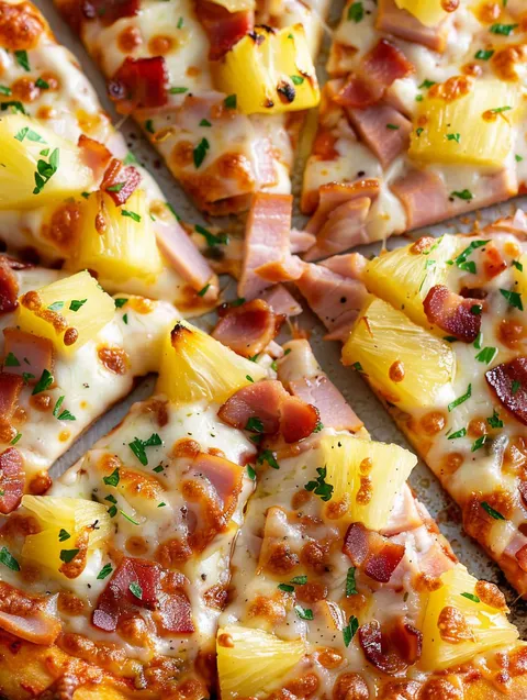 A slice of pizza with ham and pineapple.